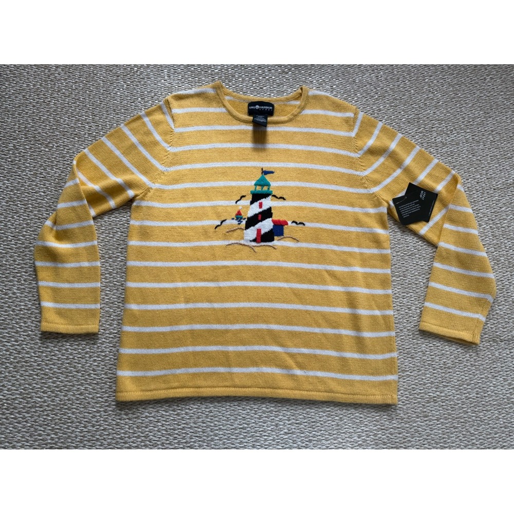 Sag Harbor Sport Yellow Striped Lighthouse Knit Sweater NWT nautical coastal L